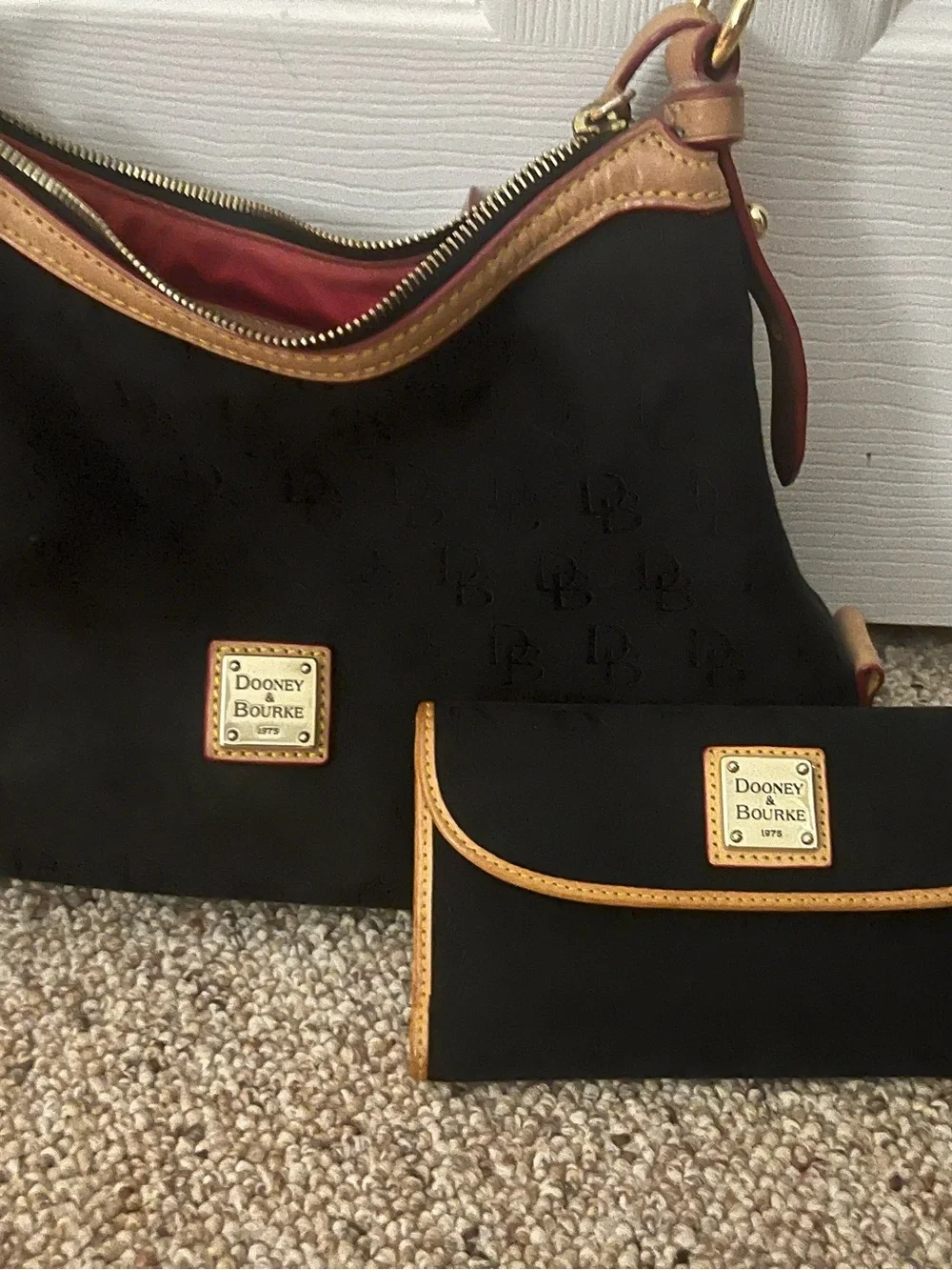 Dooney & Bourke Black Shoulder Bag with Tan Trim and Matching Wallet